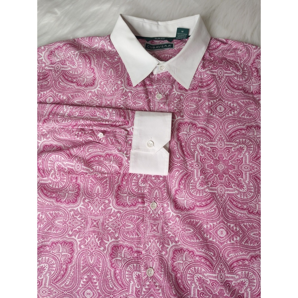 Cubavera Button Down Shirt Mens M Pink Paisley Slim Fit Contrast Collar Long Slv